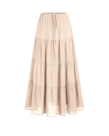 Olivia A-Line Skirt in beige — high-waisted tiered maxi skirt with drawstring waist, product flat-lay