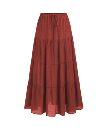 Olivia A-Line Skirt in orange — high-waisted tiered maxi skirt with drawstring waist, product flat-lay