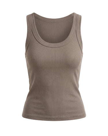 Ophelia Tank in khaki — fitted ribbed knit tank with scoop neckline, flat lay front view