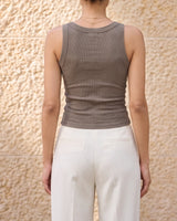 Ophelia Tank in khaki — back view on model showing smooth straps and body-skimming fit