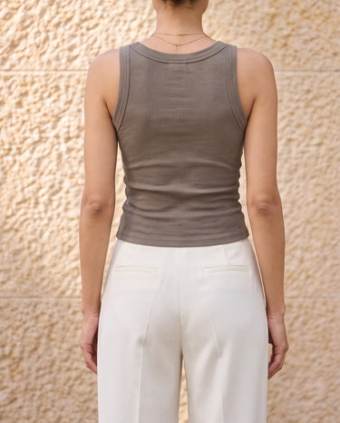Ophelia Tank in khaki — back view on model showing smooth straps and body-skimming fit