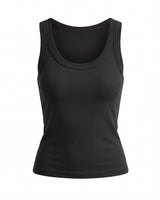 Ophelia Tank in black — fitted ribbed knit scoop-neck tank, flat lay front view