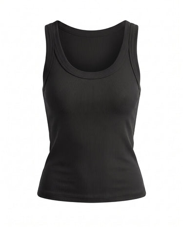 Ophelia Tank in black — fitted ribbed knit scoop-neck tank, flat lay front view