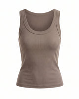 Ophelia Tank in coffee brown — fitted ribbed knit scoop-neck tank, flat lay front view