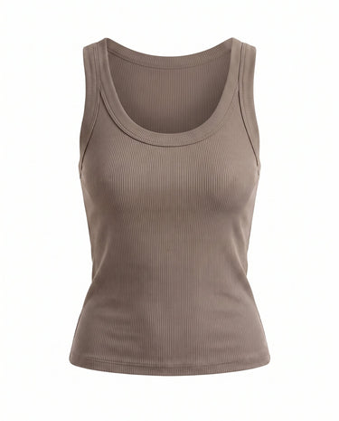 Ophelia Tank in coffee brown — fitted ribbed knit scoop-neck tank, flat lay front view