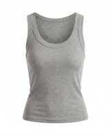 Ophelia Tank in heather grey — fitted ribbed knit scoop-neck tank, flat lay front view