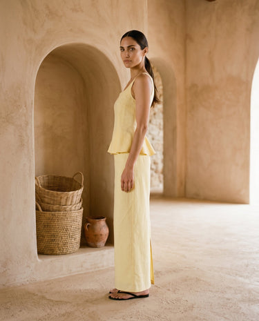 Yellow slim-fit cotton set, view 3 – Moriel Heritage