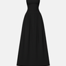 The Tamsin Strapless Dress features a fitted, ribbed bodice and flowing black maxi skirt. Elegant and perfect for evening parties, this strapless tube dress is showcased against a plain white background.