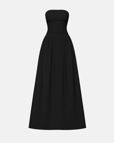 The Tamsin Strapless Dress features a fitted, ribbed bodice and flowing black maxi skirt. Elegant and perfect for evening parties, this strapless tube dress is showcased against a plain white background.