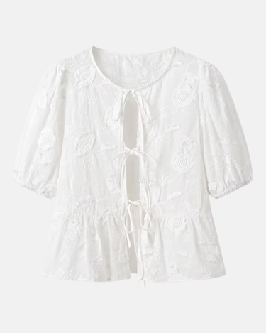 Embroidered Short Sleeve Lace-up Shirt