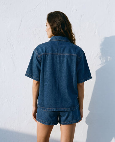 Dark Wash denim wide-fit set on model, back view – Moriel Heritage