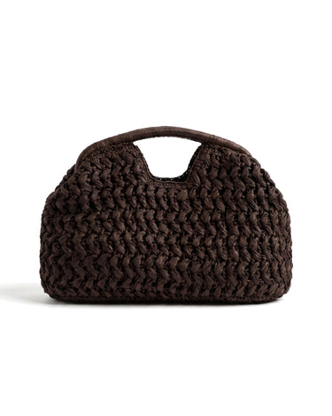The Ravello Woven Clutch in brown, front view on a pure white studio background showing the domed woven body