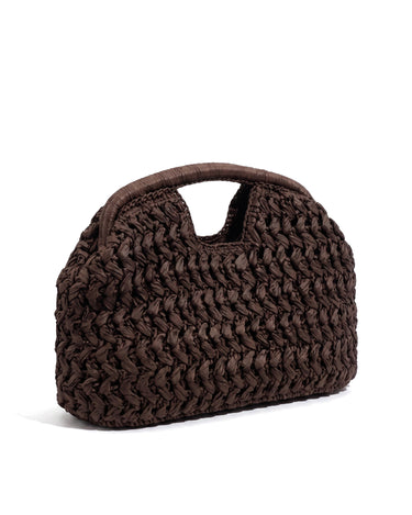 The Ravello Woven Clutch in brown, studio hero view on a pure white background