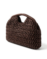 The Ravello Woven Clutch in brown, three-quarter rear view showing the woven back panel and rolled top handle