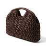 The Ravello Woven Clutch in brown, three-quarter rear view showing the woven back panel and rolled top handle