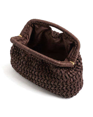 The Ravello Woven Clutch in brown, open top view showing the dark fabric lining