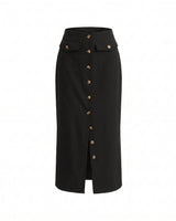 Elegant Retro Slimming Skirt in black, flat-lay of the high-waisted midi skirt with a full button-through front, two flap patch pockets and a front hem slit
