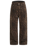 Rhea Leopard Print Jeans — brown leopard-print mid-rise straight-leg jeans, product flat lay