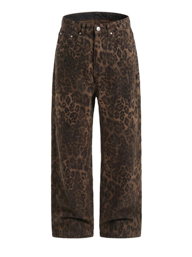 Rhea Leopard Print Jeans — brown leopard-print mid-rise straight-leg jeans, product flat lay