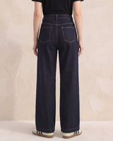 Model wearing dark denim high-rise wide-leg jeans, back view with patch pockets – Moriel Heritage