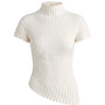 Rivelle Knit in cream white — fitted ribbed mock-neck top with short sleeves and lettuce-edge trim, flat-lay