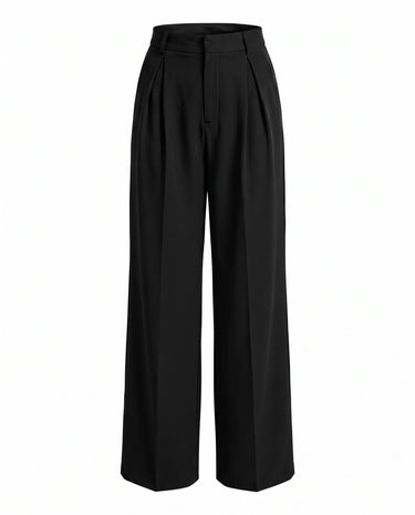 Riviera Tailored Pants in black — high-waist wide-leg pleated tailored pants with pockets, product flat-lay
