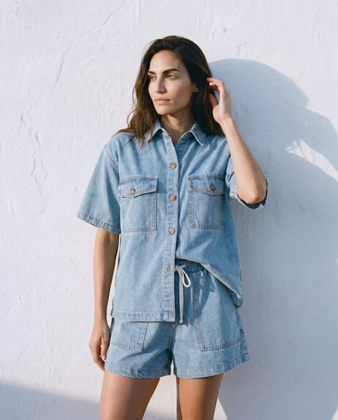 Light Wash denim wide-fit set on model, side view – Moriel Heritage