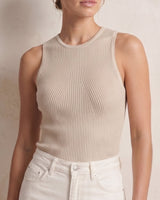 Ryah Ribbed Knit Vest Top in beige — fitted ribbed knit tank, front view on model