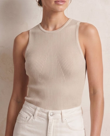 Ryah Ribbed Knit Vest Top in beige — fitted ribbed knit tank, front view on model