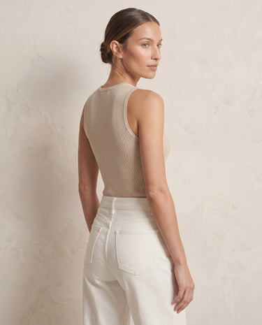 Ryah Ribbed Knit Vest Top in beige — sleeveless ribbed knit top, back view on model