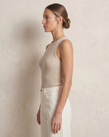 Ryah Ribbed Knit Vest Top in beige — fitted ribbed knit tank, side view on model