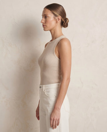 Ryah Ribbed Knit Vest Top in beige — fitted ribbed knit tank, side view on model