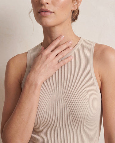 Ryah Ribbed Knit Vest Top in beige — close-up of round neckline and ribbed knit texture