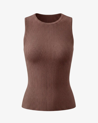 Ryah Ribbed Knit Vest Top in dark brown — sleeveless ribbed knit top with round neck, product flat-lay
