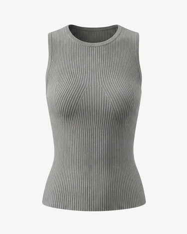 Ryah Ribbed Knit Vest Top in gray — sleeveless ribbed knit top with round neck, product flat-lay