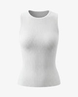 Ryah Ribbed Knit Vest Top in white — sleeveless ribbed knit top with round neck, product flat-lay