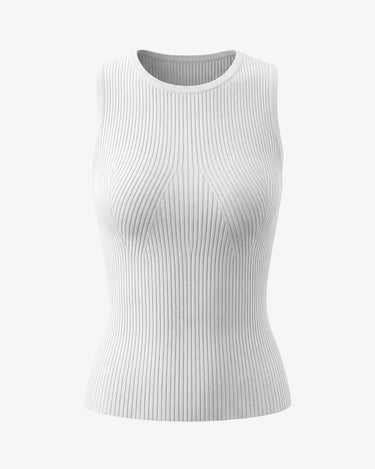 Ryah Ribbed Knit Vest Top in white — sleeveless ribbed knit top with round neck, product flat-lay