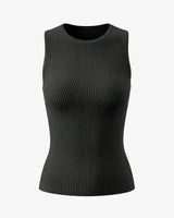 Ryah Ribbed Knit Vest Top in black — sleeveless ribbed knit top with round neck, product flat-lay