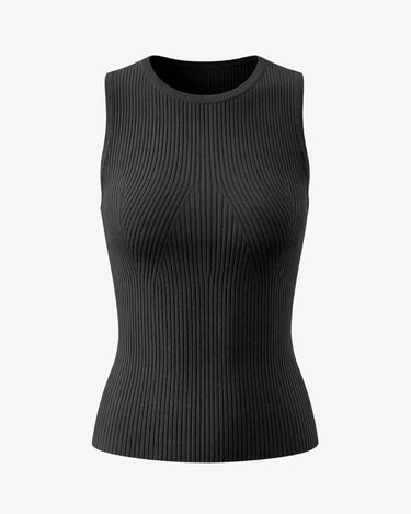 Ryah Ribbed Knit Vest Top in black — sleeveless ribbed knit top with round neck, product flat-lay