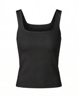 Sabrine Square Neck Tank in black — fitted ribbed knit tank with a square neckline, flat-lay