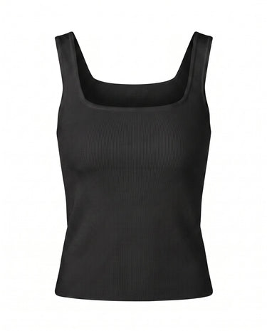 Sabrine Square Neck Tank in black — fitted ribbed knit tank with a square neckline, flat-lay