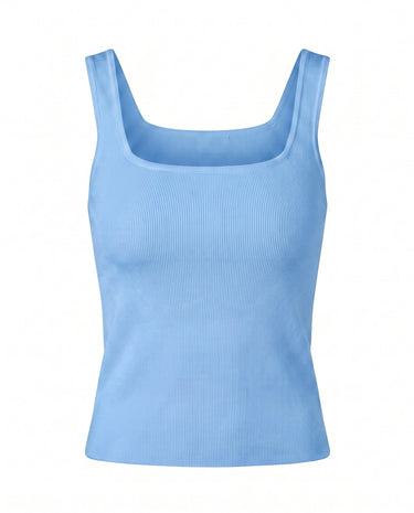 Sabrine Square Neck Tank in blue — fitted ribbed knit tank with a square neckline, flat-lay