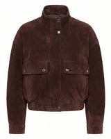 Salome Jacket in Brown — cropped suede-effect jacket with stand collar and flap pockets, flat lay – Moriel Heritage
