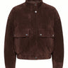 Salome Jacket in Brown — cropped suede-effect jacket with stand collar and flap pockets, flat lay – Moriel Heritage