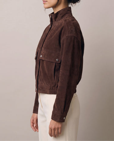 Brown Salome Jacket on model, side profile – Moriel Heritage