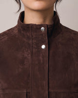 Salome Jacket, stand collar and snap placket close-up – Moriel Heritage