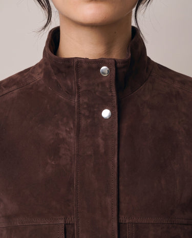 Salome Jacket, stand collar and snap placket close-up – Moriel Heritage