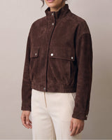 Brown Salome Jacket on model, relaxed front view – Moriel Heritage