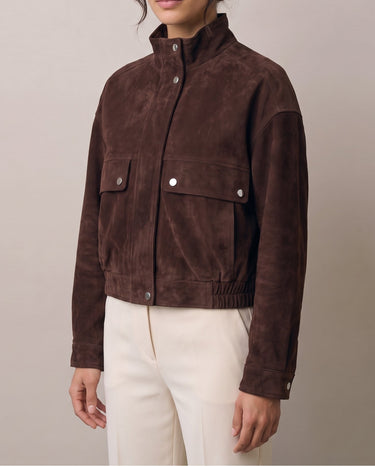 Brown Salome Jacket on model, relaxed front view – Moriel Heritage