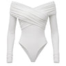 White off-shoulder long-sleeve bodysuit with crossover draped front, flat-lay front view – Moriel Heritage